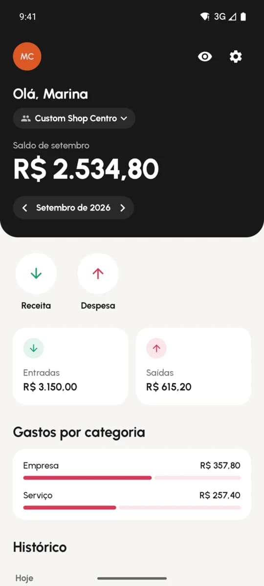 Tela inicial do Custos com saldo do mês, entradas, saídas e gastos por categoria