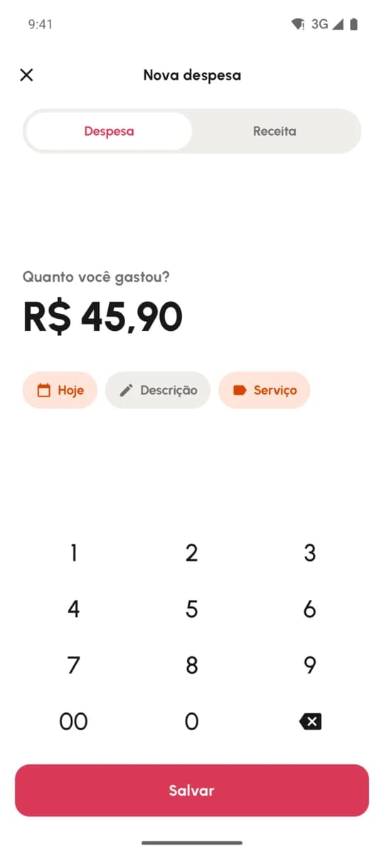 Tela de novo lançamento com teclado numérico e valor R$ 45,90